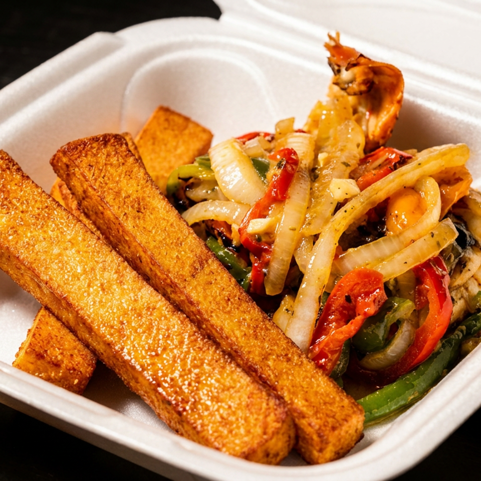 Takeout container with golden-brown fries and sautéed vegetables, including onions, peppers, and mushrooms.