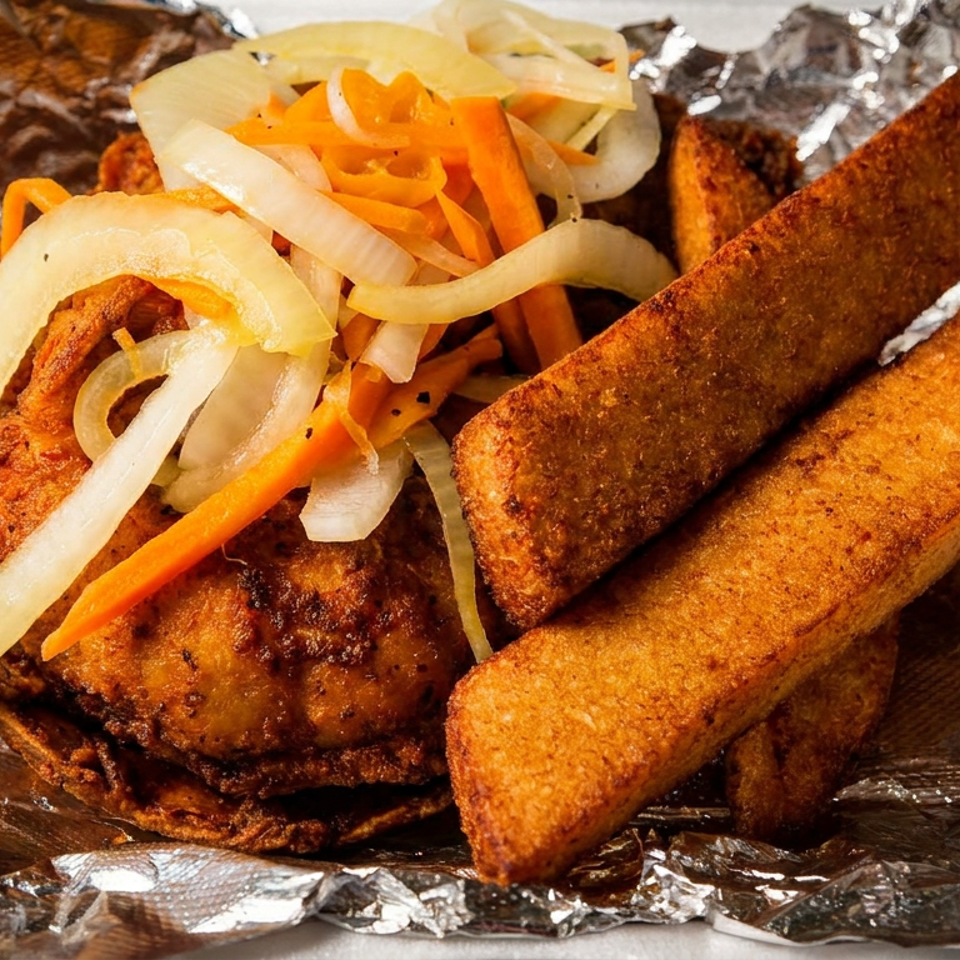 Fried chicken with pickled onions and carrots, alongside two crispy fried plantain sticks in foil.