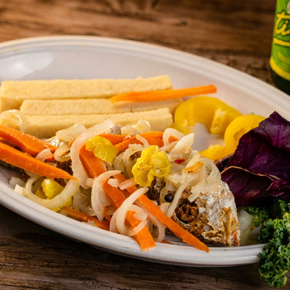 Escovitch fish with pickled vegetables, bammy, and a Ting soda on a wooden table.