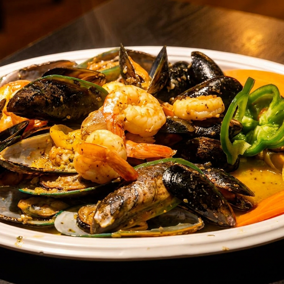 A white plate filled with mussels, shrimp, green bell peppers, and lemon wedges in a sauce.