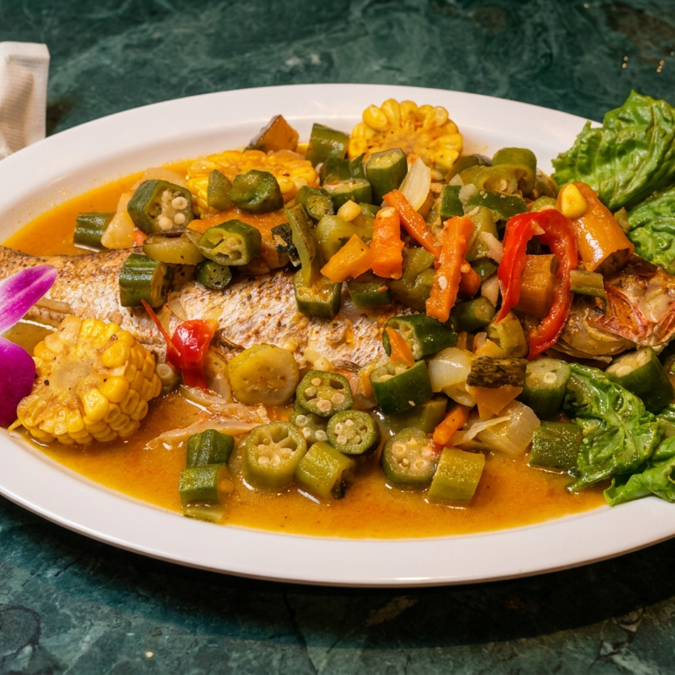 Whole fish dish with okra, corn, peppers, and lettuce on a white plate with a purple orchid.