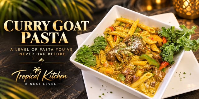 Curry goat pasta.