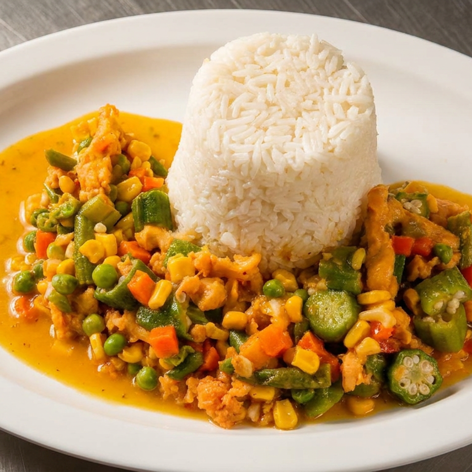 A white plate with a mound of white rice next to a colorful vegetable and chicken stew.
