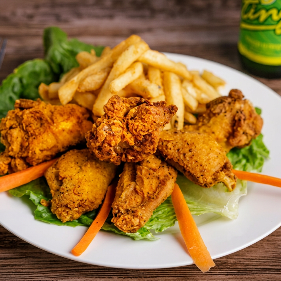 Crispy fried chicken wings and french fries on a white plate with lettuce and carrot sticks.