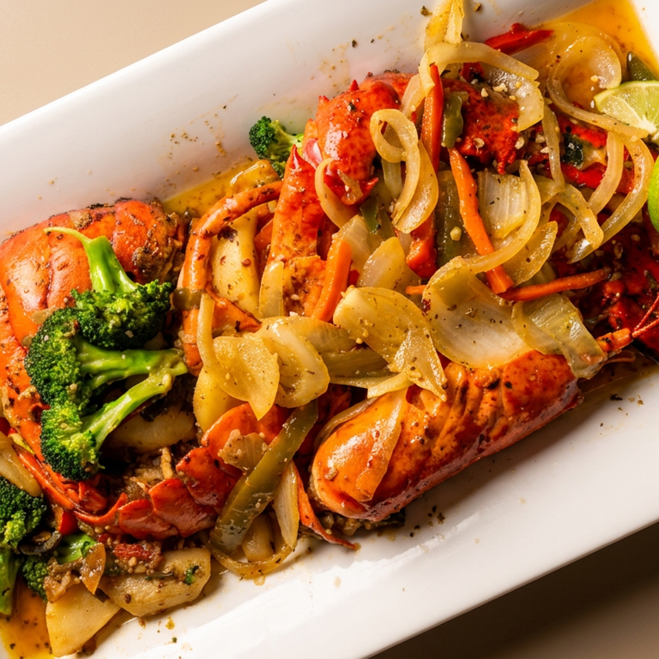 Lobster tails and claws with broccoli, onions, and lime slices in a savory sauce on a white plate.